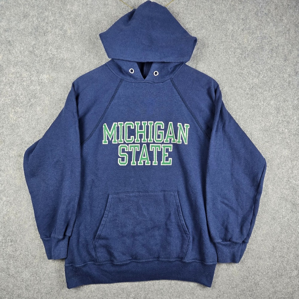 Vintage 80s Champion Michigan State Hoodie Mens Medium Navy Sweatshirt